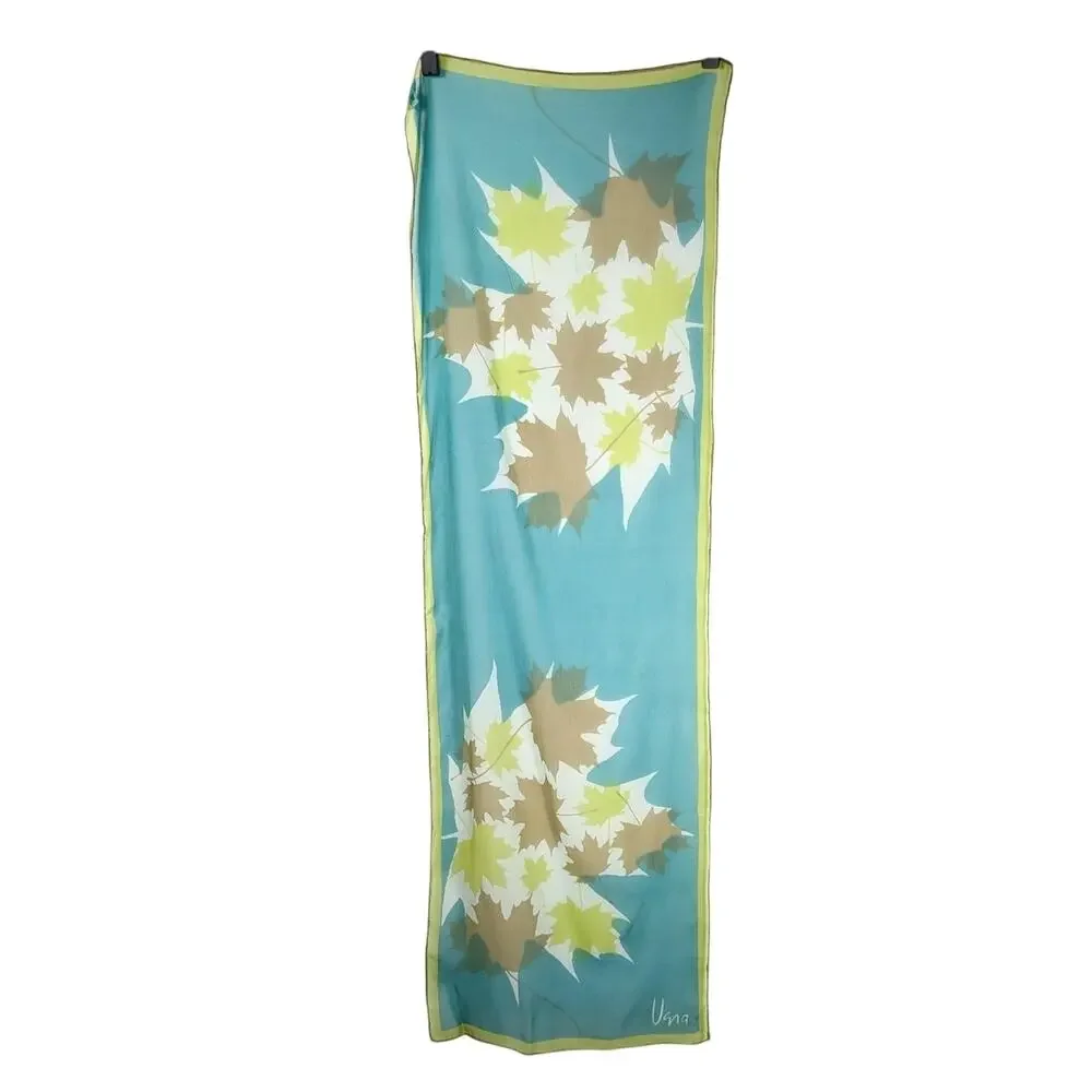 Vintage 70s Vera Neumann Sheer Green Autumn Leaves Silk Blend Rolled Scarf